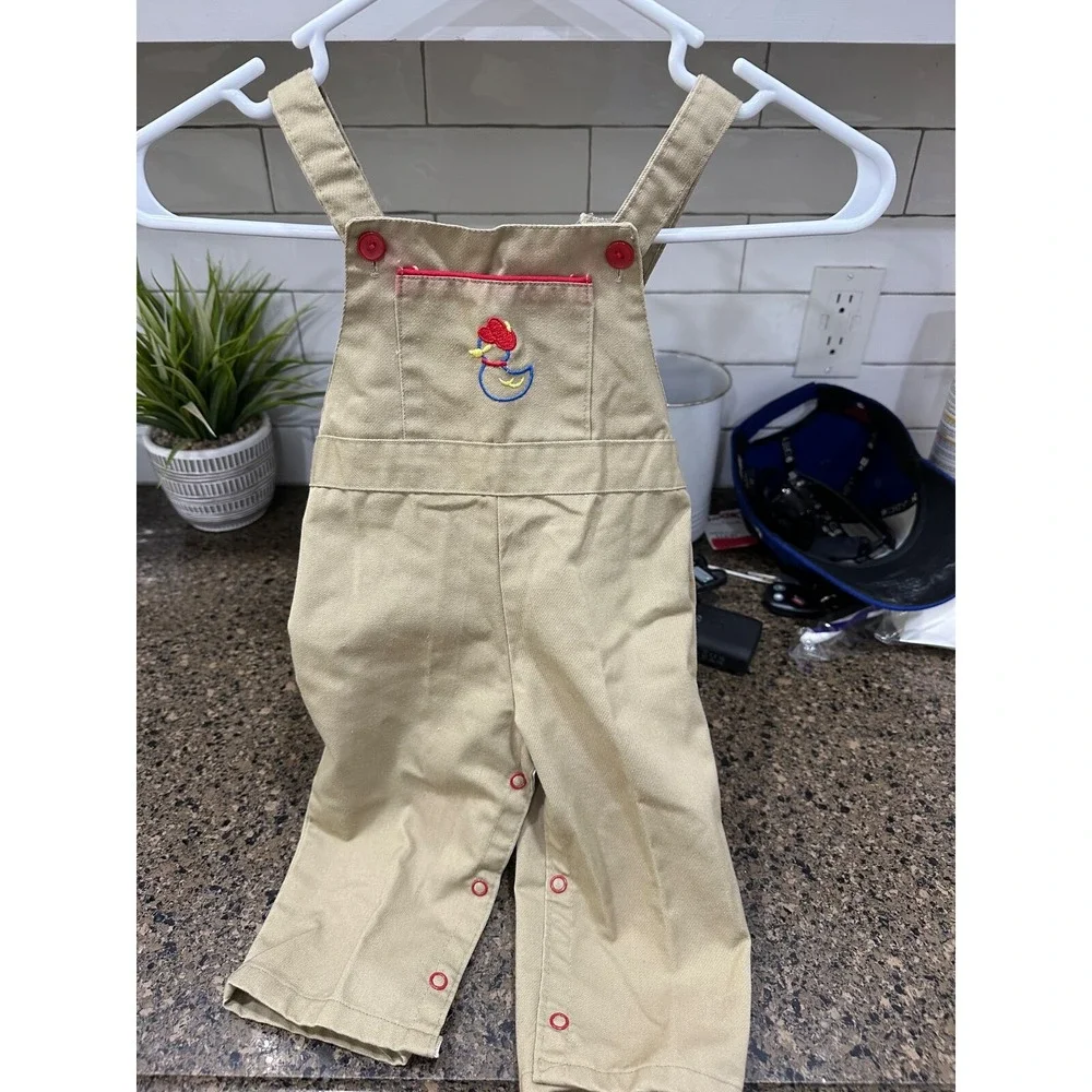 vtg brown bib overalls‎ with embroidered duck 9 mos
